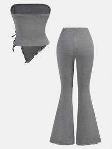 SHEIN Girlism Bộ 2 món cho bé gái tuổi teen: Áo quây nhún bèo dáng bất đối xứng và quần ống loe. - Xám - Xem 2