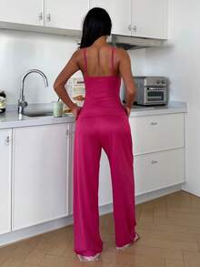 ZzzCrew 2pcs Women's Sleepwear Set: Contrast Lace Patchwork Slim Fit Camisole And Pants - Hot Pink - View 6