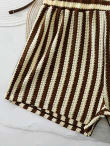 Swim Vcay 3pcs/Set Bohemian Style Crochet Fabric Drawstring Swimwear Cover Up Bikini Set - Coffee Brown - View 4