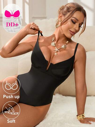 Swim DD+ 1件装女士纯色可调节细肩带露背钢圈连体泳衣