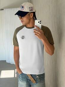 Claim Dot 标准尺寸男士橄榄绿和白色插肩袖T恤男士拼色T恤纽约图案T恤 - 彩色 - 查看 4