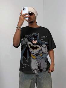 BATMAN X SHEIN 男士休闲日常通勤动漫英雄图案落肩宽松黑色T恤，夏季 - 白色 - 查看 5