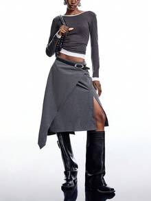 LYSMO 女式条纹印花不对称下摆开叉半身裙 - 深灰色 - 查看 7