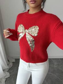 SHEIN PETITE 女士亮片蝴蝶结圆领节日红色毛衣 - 紅色 - 查看 5