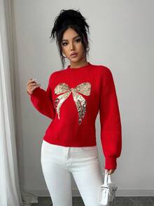 SHEIN PETITE 女士亮片蝴蝶结圆领节日红色毛衣 - 紅色 - 查看 6