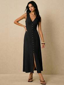 Poéselle 女士时尚条纹V领单排扣无袖连衣裙 - 黑色 - 查看 6