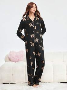 2 件女士蝴蝶印花睡衣套装，长袖纽扣领上衣和长裤，休闲睡衣家居服，适合秋冬，秋季服装 - 黑色 - 查看 4