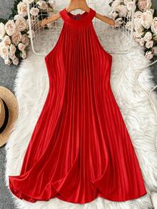 SHEIN Clasi Đầm dài đến đầu gối màu trơn dành cho nữ cỡ lớn, kiểu dáng rộng rãi, tối giản, thích hợp cho mùa xuân/hè, đi làm và mặc hàng ngày. - Đỏ - Xem 5
