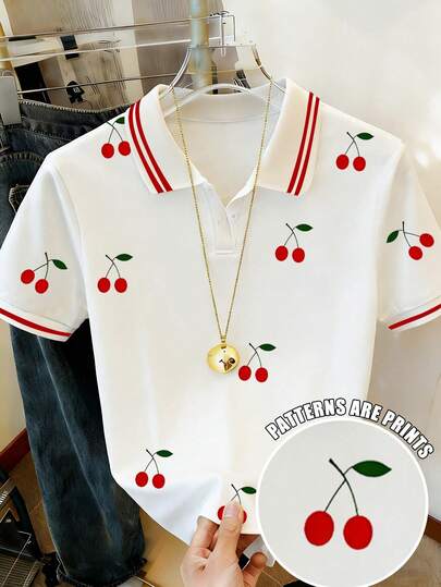 SHEIN T-shirt col polo à rayures avec imprimé cerises