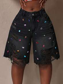 Slaydiva Women's Rhinestone Decor Pocket Distressed Frayed Hem Loose Denim Shorts - Black - View 4