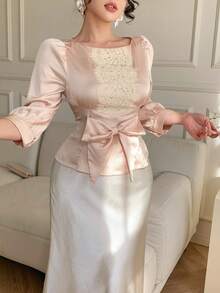 DAZY 春夏镂空蕾丝拼接泡泡袖上衣，优雅百搭，适合情人节、婚礼、派对、正式场合，时尚修身，蝴蝶结腰带，金属纽扣装饰 - 粉色 - 查看 6