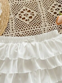 SHEIN 女婴可爱休闲度假百搭白色荷叶边弹力腰短裤 - 彩色 - 查看 6