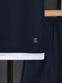 SHEIN Mirajuku 男童字母印花二合一短袖T恤和短裤休闲套装 - 寶藍色 - 查看 3