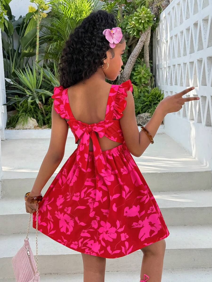 Đầm xòe hở lưng, bèo nhún, nơ, màu đỏ, thời trang thường ngày cho bé gái tuổi teen, thích hợp cho kỳ nghỉ. - Đỏ - Xem 1