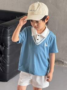 SHEIN 2 Pieces Set Of Young Boys Boys' Casual Sportswear Includes A Cute Little Dinosaur-Patterned 2 In 1 Polo Shirt And Shorts Set, Suitable For Kids' Outfits, Young Boy Clothes, Back To School Boys Set, Suitable For Birthday Parties, Evening Events, Performances, Weddings, Baptisms, And School Commencements. It Is Suitable For Daily Wear, School, Travel, Sports, And Spring And Summer Seasons. - Dusty Blue - View 3