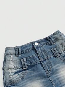 ROMWE Avant Avant Casual Distressed Cat Whisker Denim Mini Skirt For Women - Light Wash - View 3