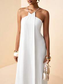 Zivah 2026春夏新款波西米亚风度假纯白色亚麻面料交叉绑带露背A字长裙。适合度假、旅行、西部风情、海滩、游牧生活、约会、情人节、婚礼季、海滩、节日、日常出行、派对、购物、机场穿搭和早午餐穿搭。 - 白色 - 查看 5