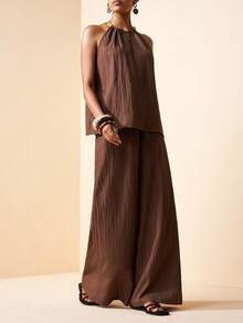 Zivah 2026 Spring/Summer New  Casual Vacation Commuter Textured Fabric Loose Brown Round Neck Beaded Sleeveless Vest + Wide-Leg Pant Women Two Pieces Set.Suitable For Everyday Outings, Party, Travel, Parties, Boho , Beach, Airport Outfits, Brunch Outfits, Festivals, And Wedding Guest Attire-,Vacation-A - Brown - View 3