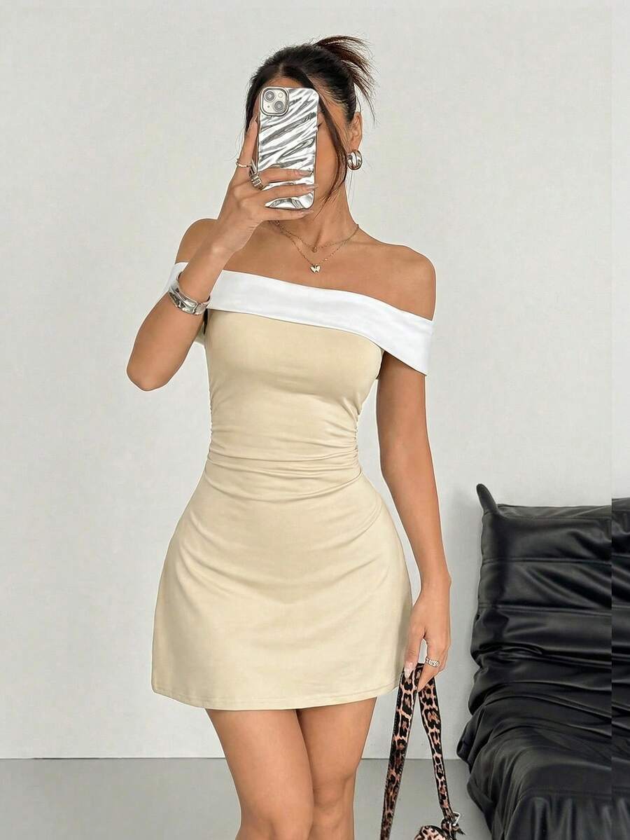 SHEIN EZwear Gaun Mini Bodycon Wanita Warna Aprikot & Putih, Model Bahu Terbuka, Musim Semi/Panas - Aprikot - View 1