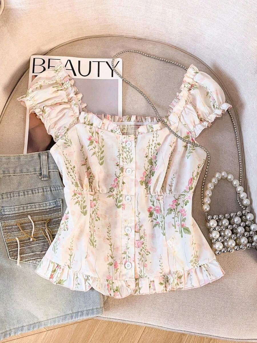 SHEIN PETITE Áo sơ mi nữ kiểu dáng đi nghỉ mát, họa tiết hoa, viền bèo nhún. - Hồng - Xem 1