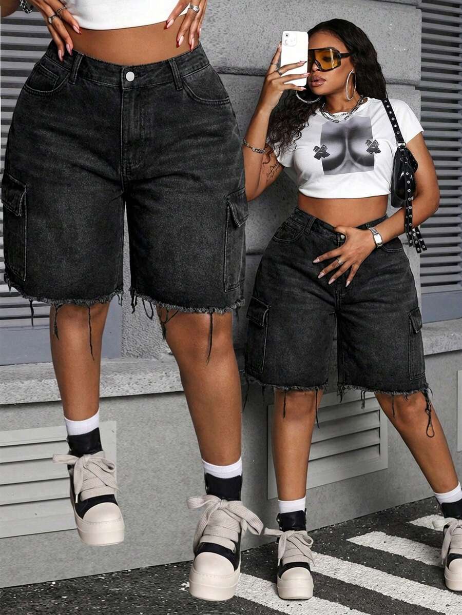 Slaydiva Plus Size Women's Denim Shorts For Women Jean Shorts Loose Cargo Shorts Cotton Camouflage Loose Shorts Cargo Pants Women Shorts Camo Pants Jorts Vacation Woman Summer For Women Summer Cowgirl Old Money - Black - View 1