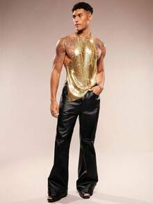 FeverCity Men's Casual Sexy Metal Chain Sleeveless Halter Neck Tank Top, Spring/Summer - Gold - View 7