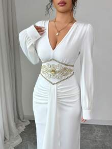 Elenzga Vestido ajustado largo de Body con diseño de cintura, cuello en V y mangas abullonadas con volantes elegantes para mujer, primavera - Blanco - Ver 2