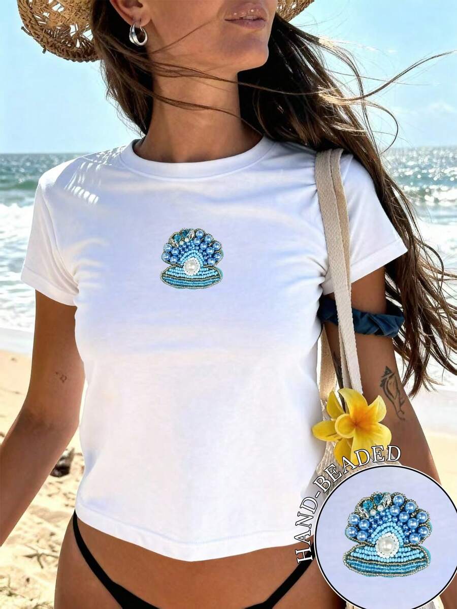 Sundraya Women's Casual Beach Vacation Handmade Beaded Faux Pearl Shell Graphic Short Sleeve White T-Shirt - White - View 1
