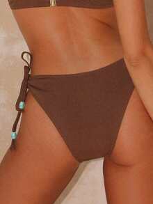 Swim Chiccia Women Solid Side Tie Beaded Waist Bikini Bottom - Coffee Brown - View 2