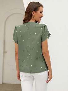 SHEIN Clasi Áo kiểu nữ mùa hè đi biển tay cánh hoa in hình trái tim, thích hợp mặc đi biển. - Màu xanh Ô liu - Xem 2