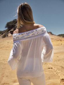 MOTF STUDIO 女士亚麻蕾丝钩边单肩衬衫