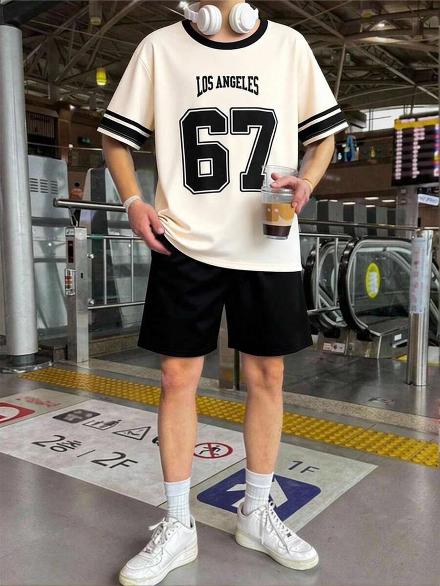 SHEIN Mirajuku 2件套青少年男童休闲圆领短袖上衣和短裤套装，运动清凉夏季装扮