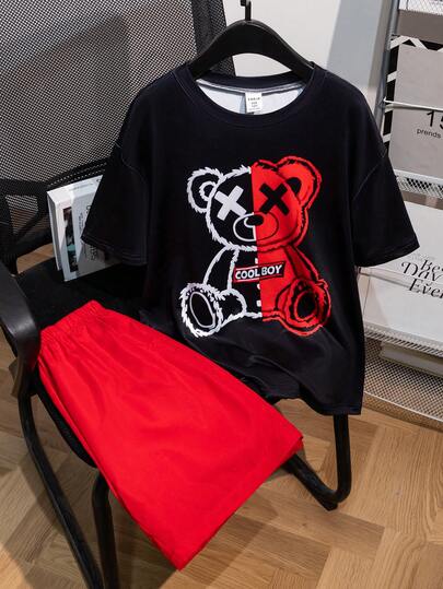 2pcs/Set Boys Casual Cartoon AB Color Block Graphic T-Shirt Set With Red Shorts, Suitable For Daily Wear, Commuting, And School