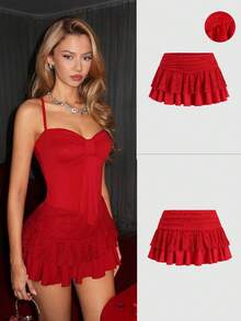 EgrlEra Modischer, sexy roter Spitzen-Minirock mit Kordelzug für Damen - Rot - Übersicht 1