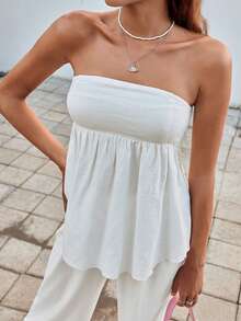 SHEIN EZwear 女士时尚纯色抹胸 A 字型衬衫，女士休闲荷叶边下摆，褶皱细肩带修身米色粘胶纯色女士上衣，春夏，派对/夜店服装