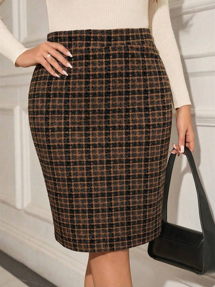 Knitted Plaid Pencil Plus Size Skirt In Brown Knee Length Elegant Style