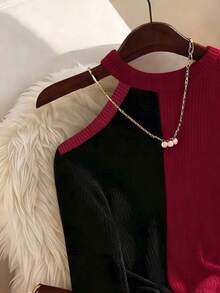 Franclia Women's Color Block Asymmetric Shoulder Long Sleeve T-Shirt, Ribbed Knit Top, Spring/Autumn - Red and Black - View 3