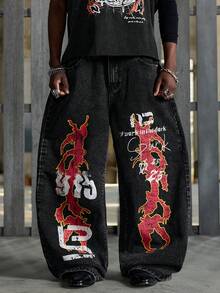 NEON BLANC Men's Letter Print Patch Pocket Loose Fit Flared Leg Jeans - Black - View 3