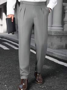 Manfinity Bizformal 男士灰色正装商务腰带设计锥形裤，春夏灰色男士西裤，男士褶裥西装裤 - 灰色 - 查看 5