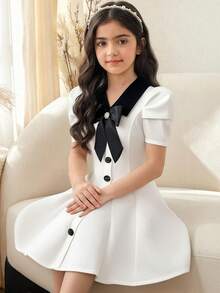 SHEIN 少女优雅翻领撞色羊腿袖连衣裙 - 白色 - 查看 6