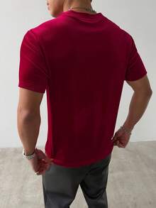 Manfinity Homme Men's Letter Embroidered Casual Round Neck Short Sleeve T-Shirt, Red - Burgundy - View 2