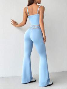 SHEIN EZwear 2pcs Blue Lace Patchwork Camisole & Flare Pants Set, Spring/Summer - Blue - View 2
