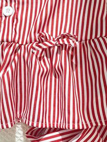 Genkimix Kids 2件套女童（小号）红白条纹无袖纽扣上衣配蝴蝶结和直筒裤，时尚休闲夏季少女套装 - 紅色 - 查看 5