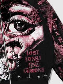 ROMWE MEN Street Life 男士休闲时尚街头风天使印花拉链连帽抓绒卫衣，秋冬款 - 黑色 - 查看 3