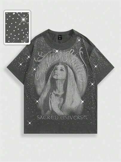 Goth Men's Virgin Mary Rhinestone Embellished Short Sleeve T-Shirt, Suitable For Everyday Wear, Spring/Summer
