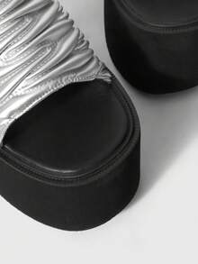 ROMWE Women's Fashionable Silver Pleated Thick Sole Slide Sandals For Party