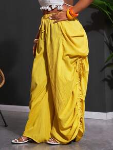 Slaydiva 春夏新品，音乐节，复活节，圣帕特里克节，西部风，游牧风，生日派对，毕业季，学生装，日常休闲，百搭基础款，休闲，度假，邮轮旅行，海滩，日光浴，爆款大码时尚，度假休闲，纯色宽松侧褶抽绳大码女裤 - 黄色 - 黃色 - 查看 10