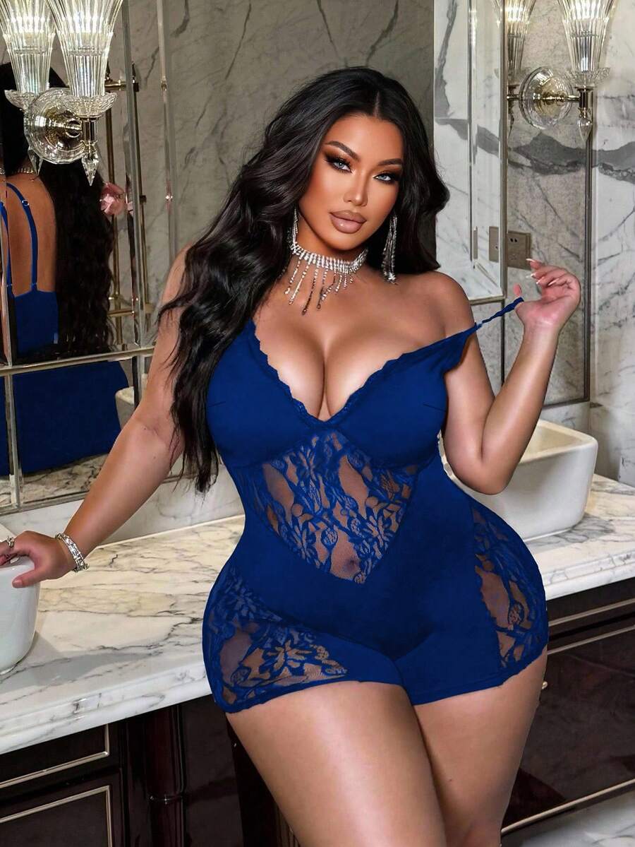 NU&NOW Bộ áo liền quần gợi cảm, dây mảnh, phối ren tương phản dành cho nữ cỡ lớn - Màu xanh lam - Xem 1