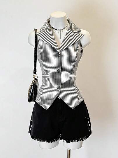 SHEIN Jeanoir Casual Striped Sleeveless Shirt, Suitable For Summer Commute