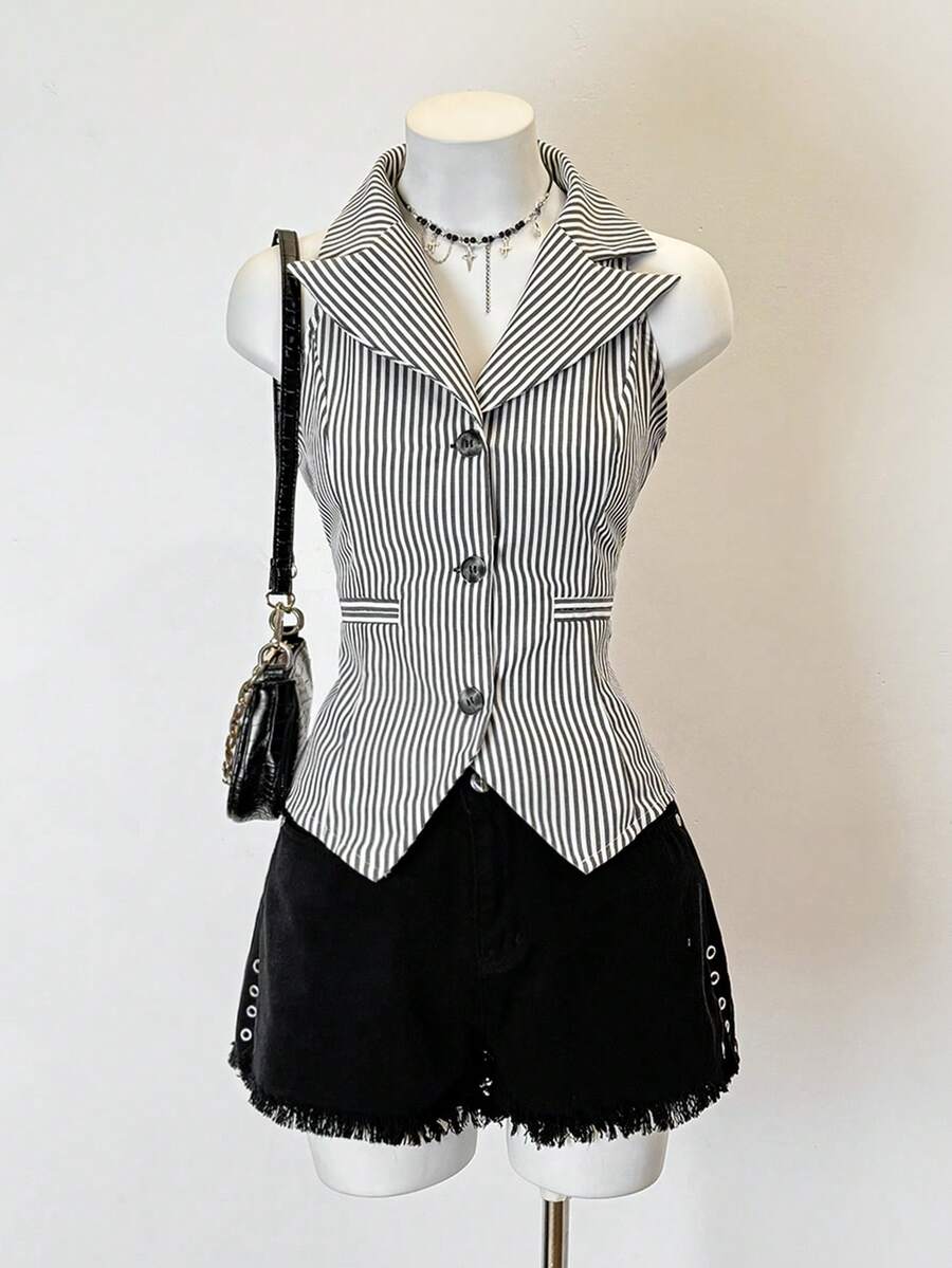 SHEIN Jeanoir Casual Striped Sleeveless Shirt, Suitable For Summer Commute - Multicolor - View 1